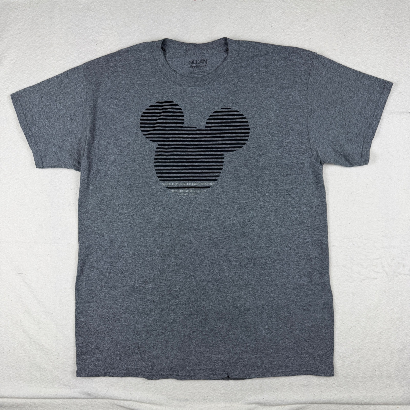 Gildan Dryblend Mickey Mouse Striped Silhouette Graphic T-Shirt Gray Mens L